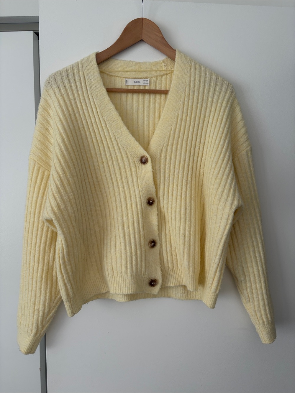 Mango Soft Pale Yellow Ribbed V-Neck Button Cardigan